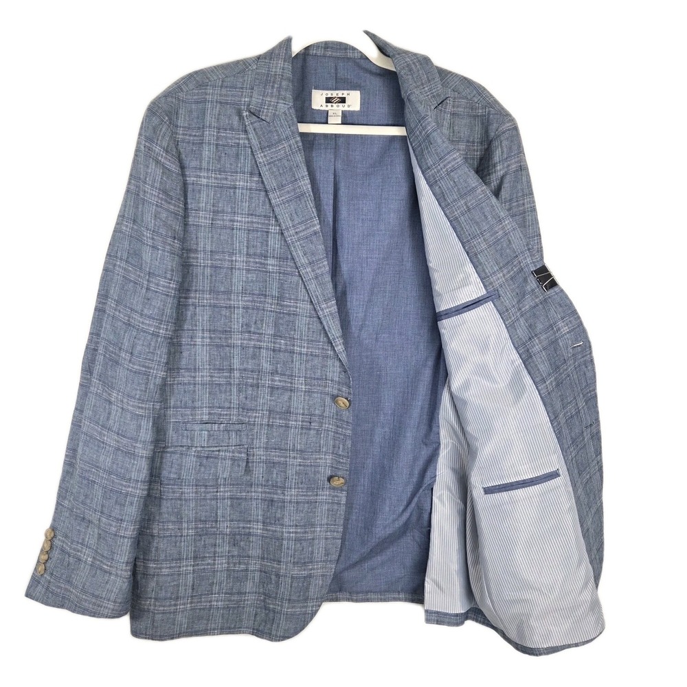 Joseph Abboud Mens XL 100% Linen Blazer Blue Plaid Sport Coat Lightweight - Picture 2 of 12